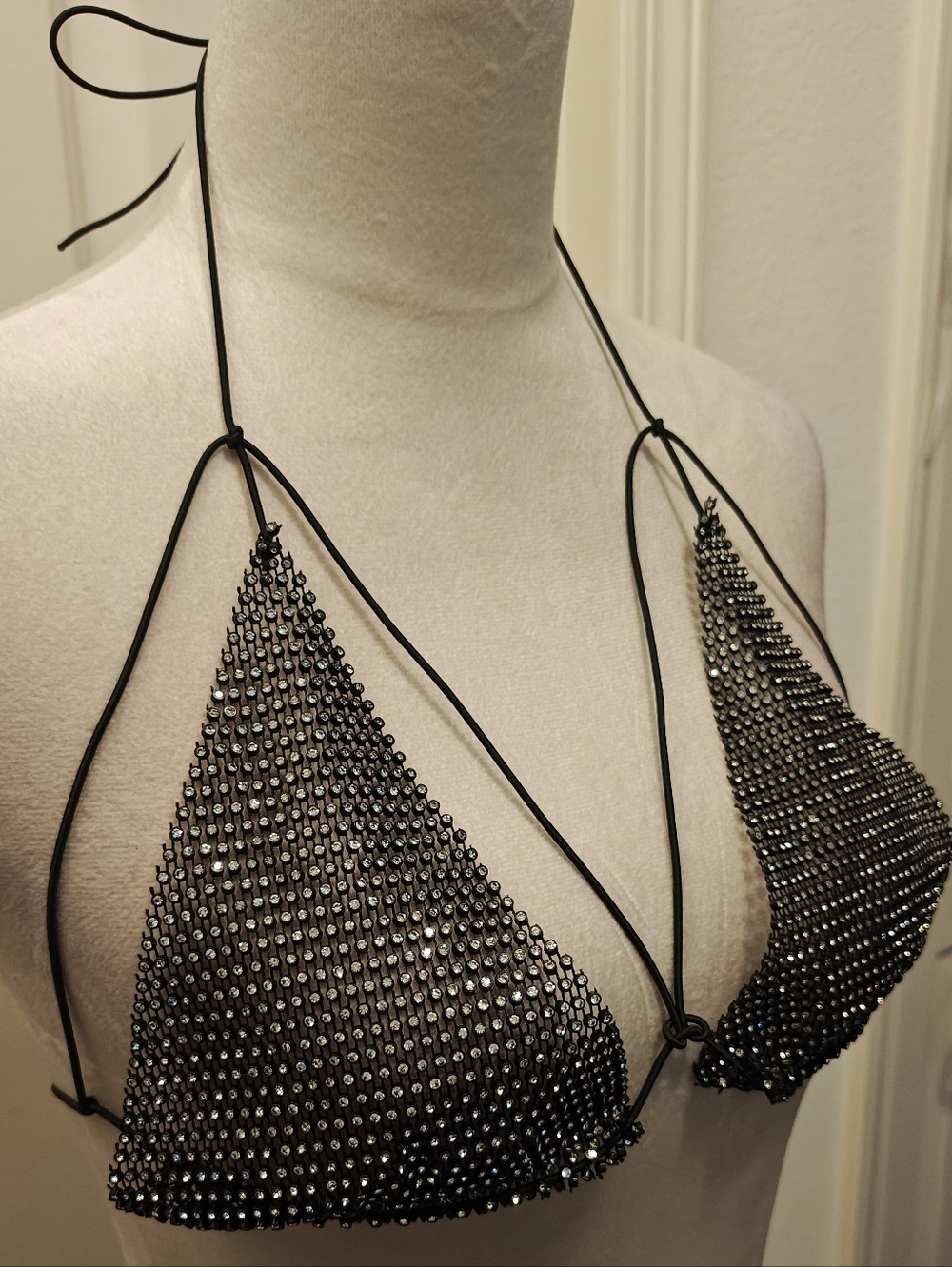 Black Rhinestone Fishnet Chainmail Raver Bikini Top. - Picture 3 of 9